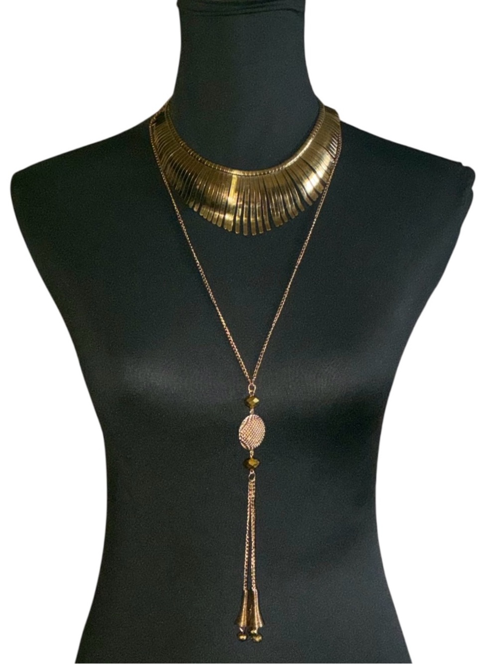 Vintage Gold-Tone Layered Fringe Bib Necklace with Long Tassel Necklace